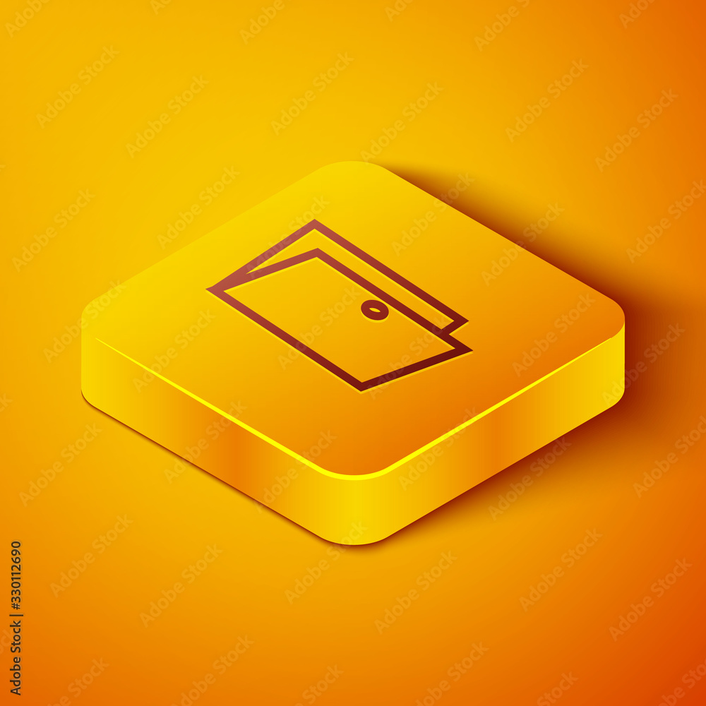 等距线关闭的门图标在橙色背景上隔离。黄色方形按钮。矢量照明