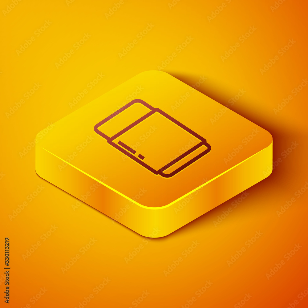 等距线橡皮擦或隔离在橙色背景上的橡胶图标。黄色方形按钮。矢量III