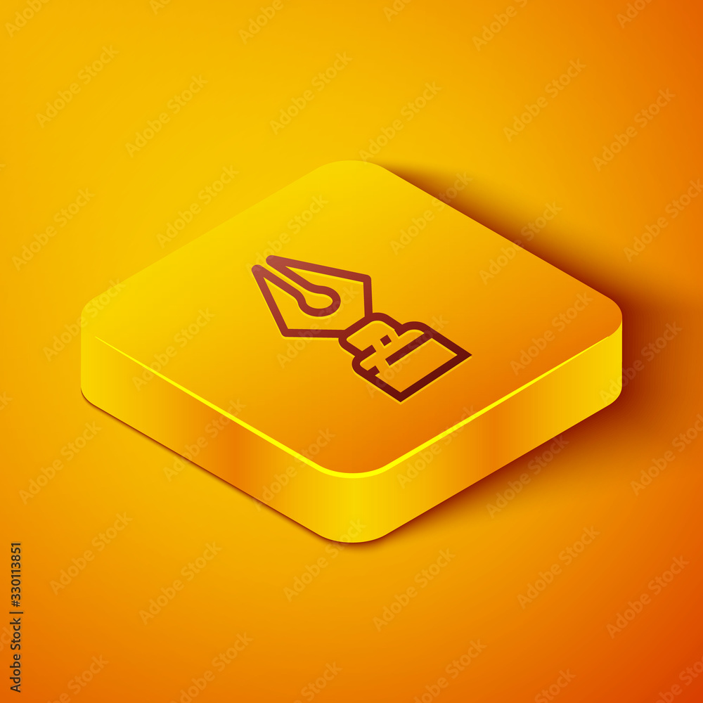 Isometric line Fountain pen nib icon isolated on orange background. Pen tool sign. Yellow square but