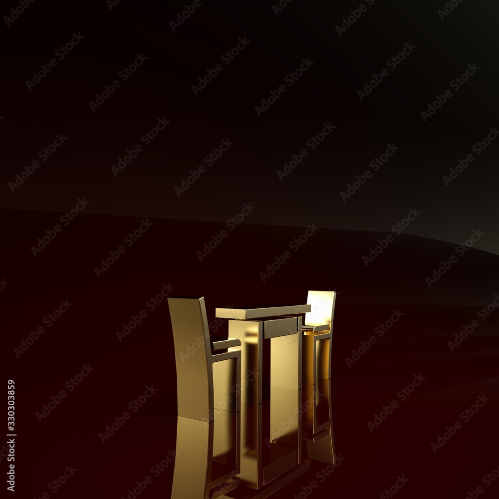 金色木桌，棕色背景上有椅子图标。极简主义概念。三维插图