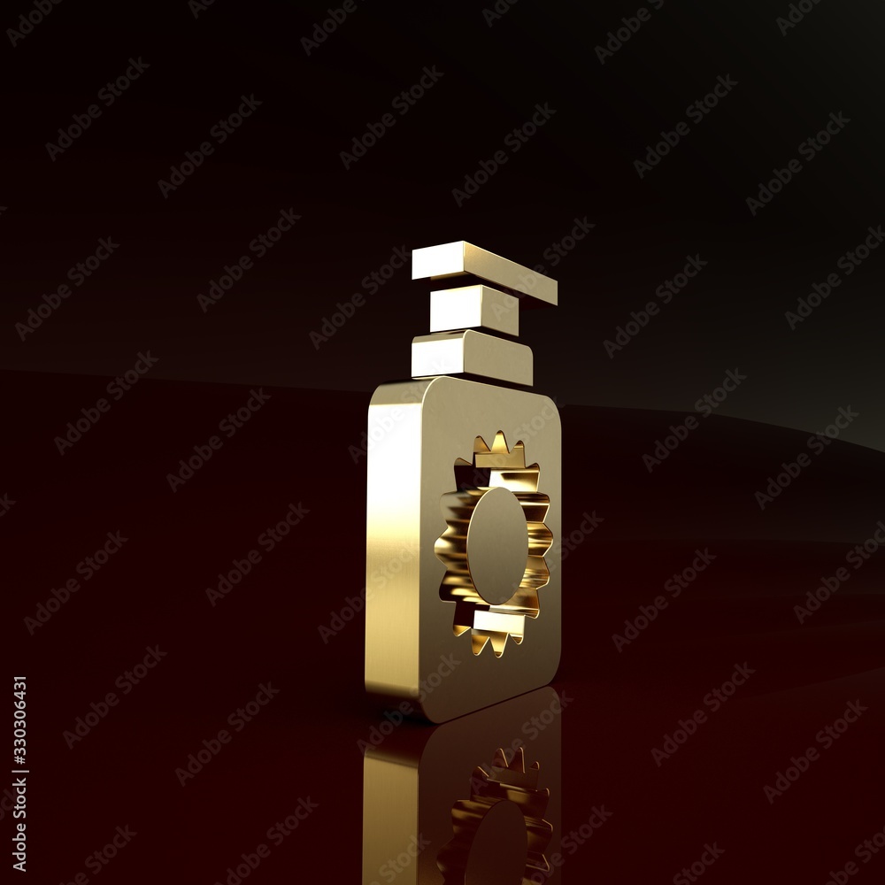 Gold Sunscreen spray bottle icon isolated on brown background. Protection for the skin from solar ul