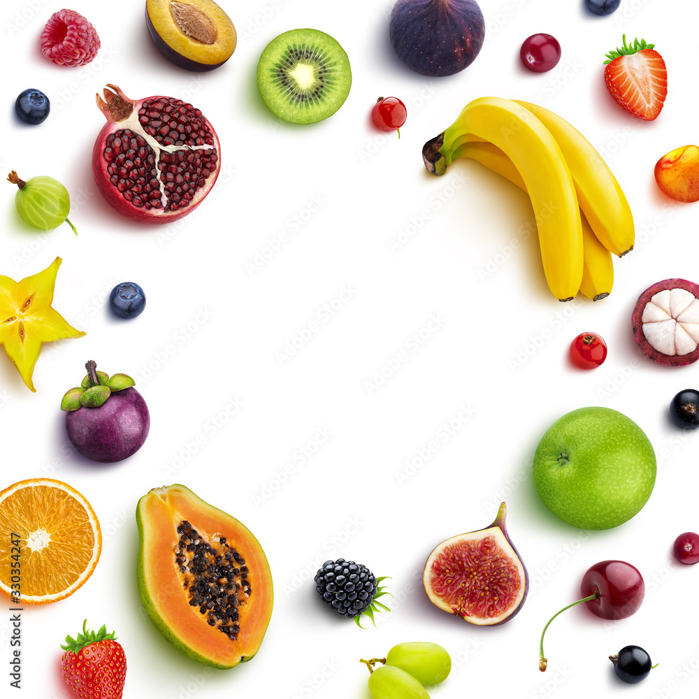 Frame made of different fruits and berries, flat lay, top view