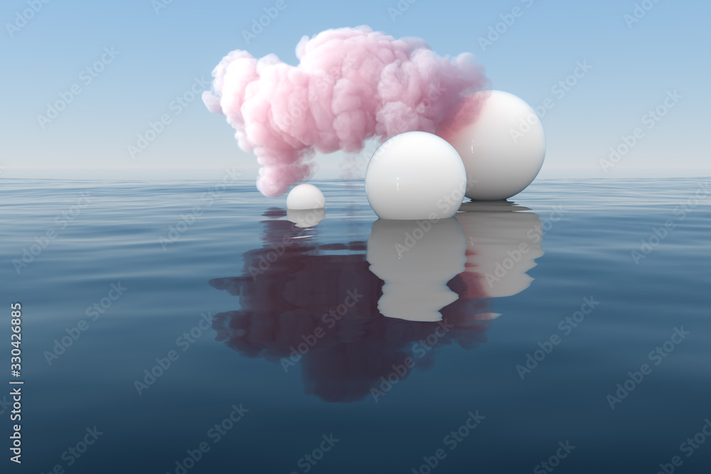 漂浮在湖面上的云朵和几何图形，三维渲染。