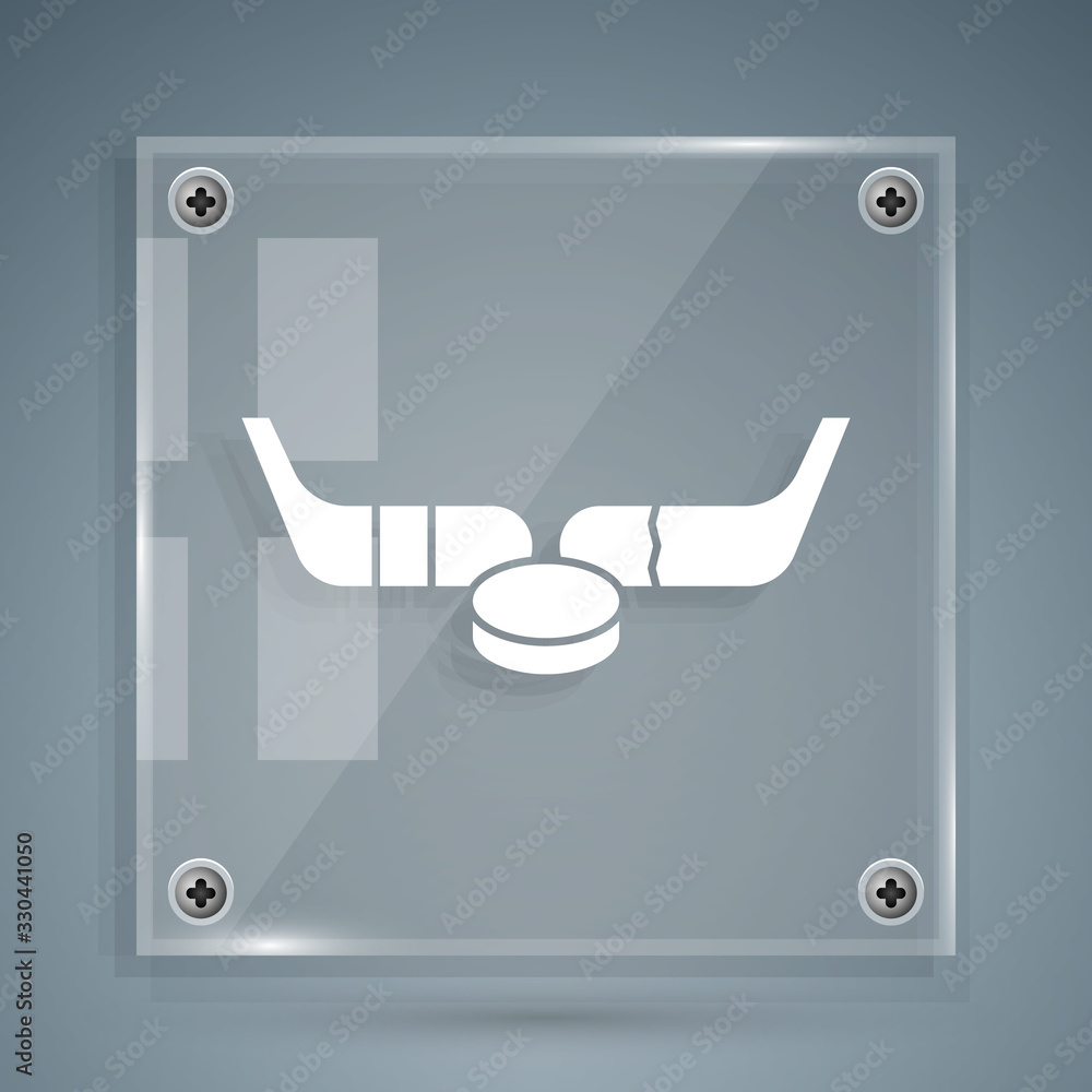 White Ice hockey sticks and puck icon isolated on grey background. Game start. Square glass panels. 