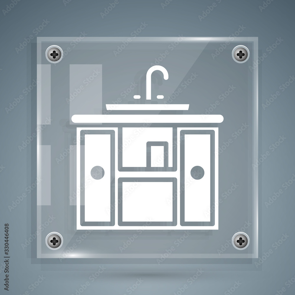 白色洗手盆柜，灰色背景上有水龙头图标。方形玻璃面板。矢量