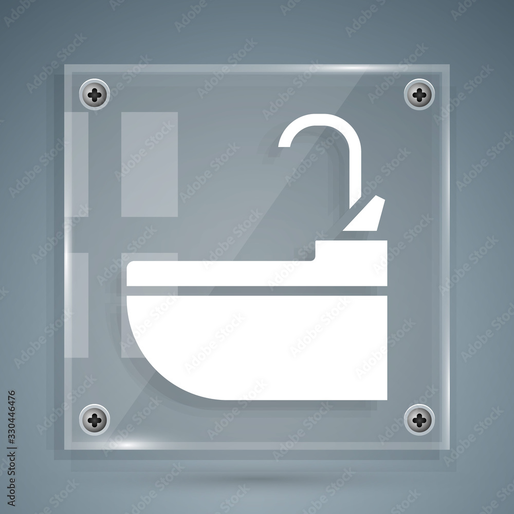 白色洗手盆，灰色背景上有水龙头图标。方形玻璃面板。矢量照明