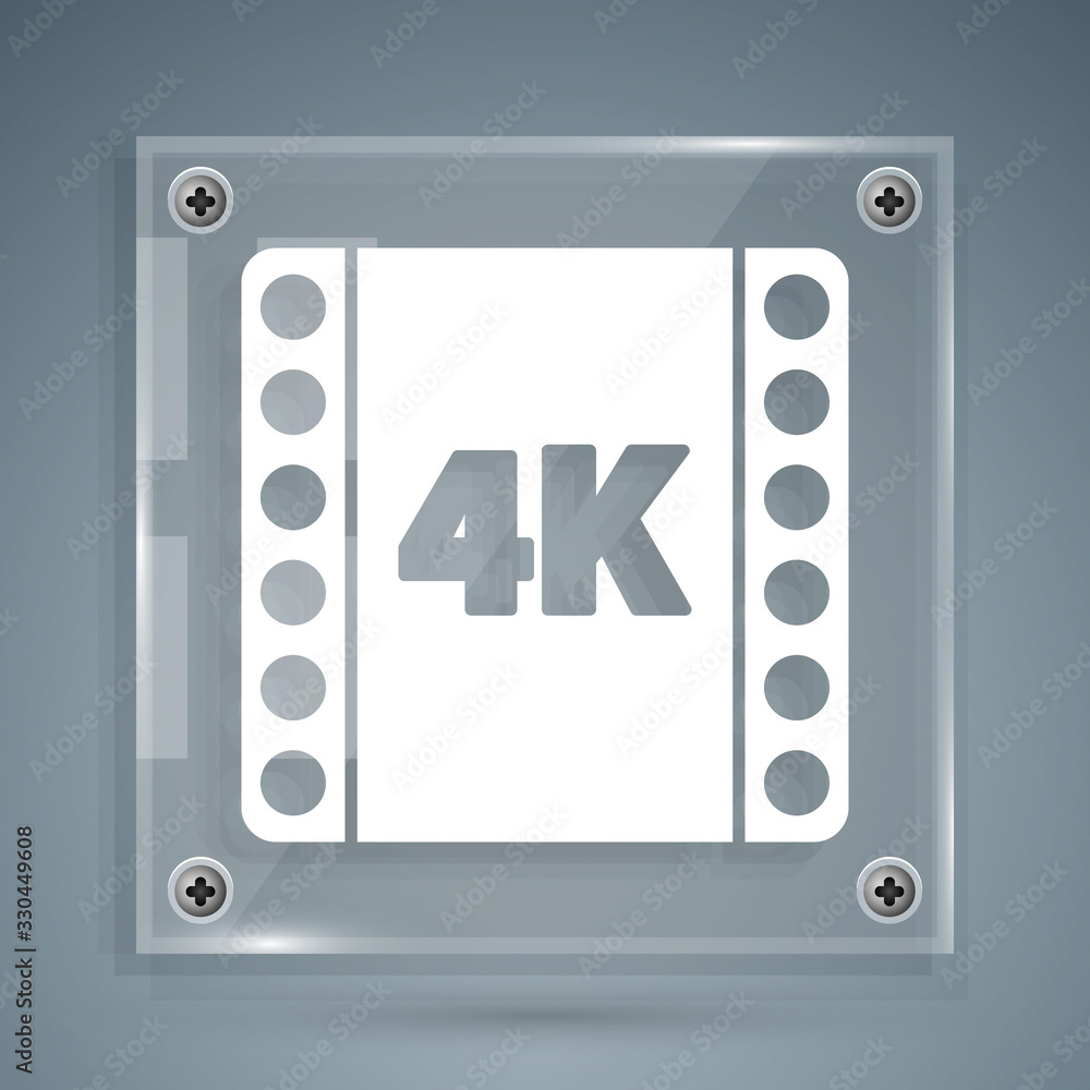 白色4k电影，磁带，灰色背景上隔离的框架图标。方形玻璃面板。矢量插图