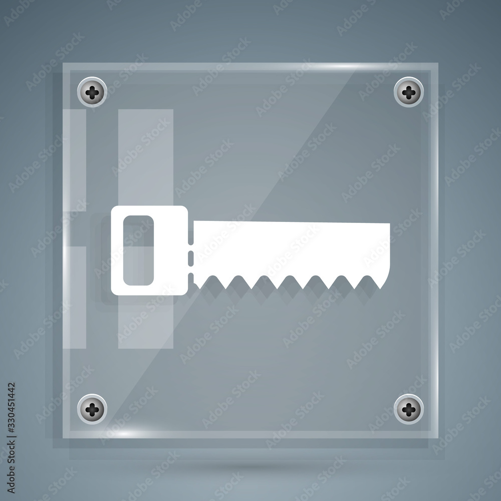 White Hand saw icon isolated on grey background. Square glass panels. Vector Illustration