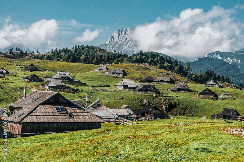 朱利安阿尔卑斯山的山村，传统风格的木屋，斯洛文尼亚卡姆尼克Velika Planina