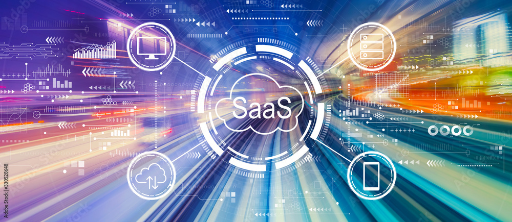 SaaS-软件即服务概念，具有抽象的高速技术POV运动模糊
