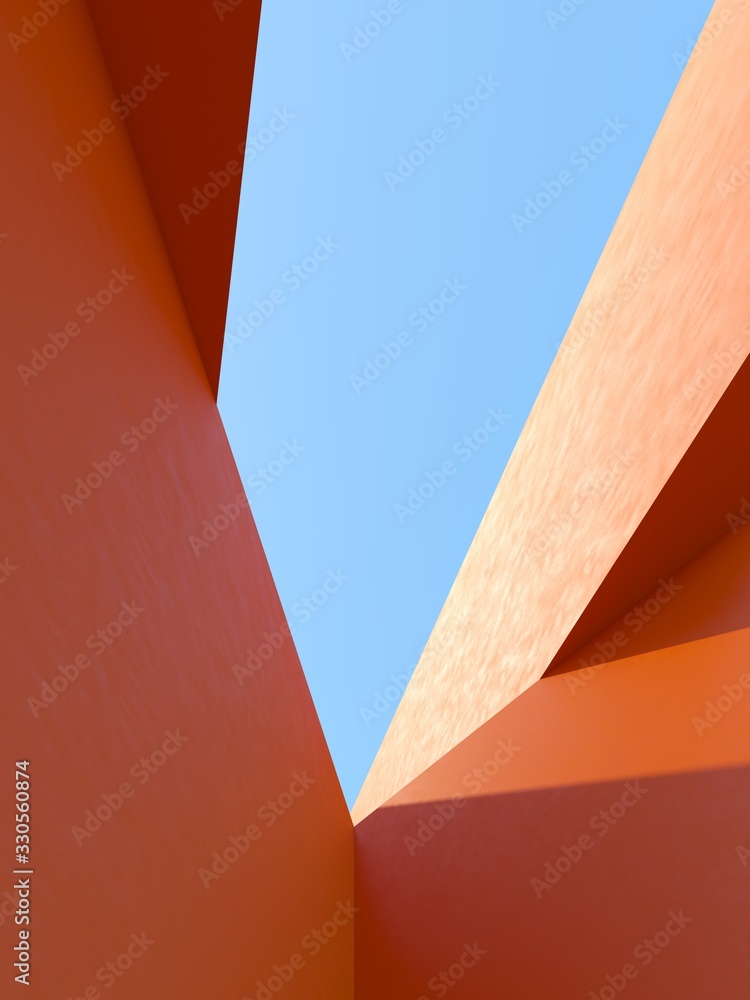 Architectural construction against the blue sky. 3d render illustration with copy space. Simple, sty