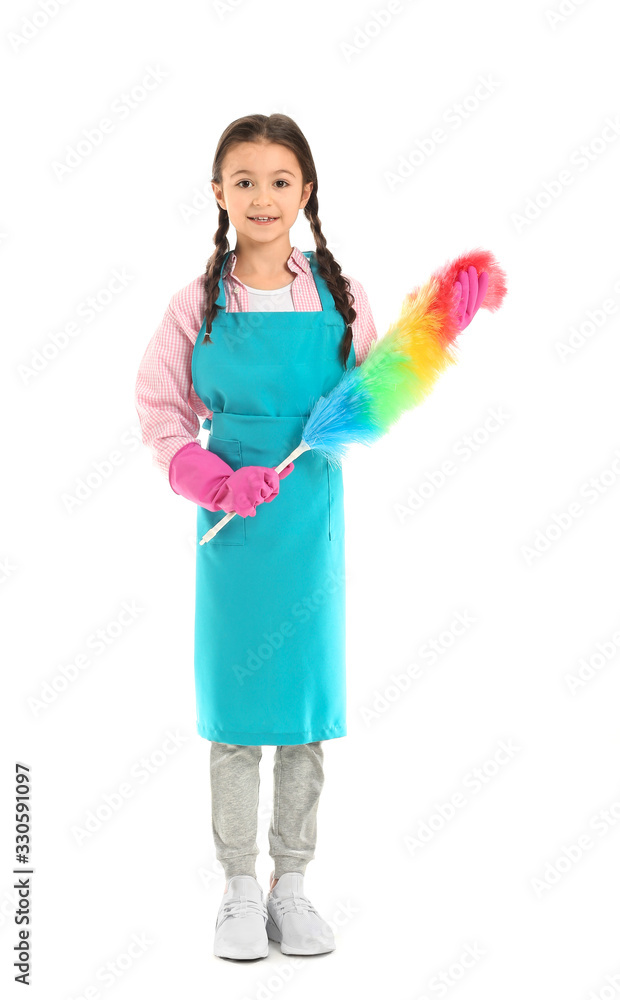 Little housewife with dust brush on white background