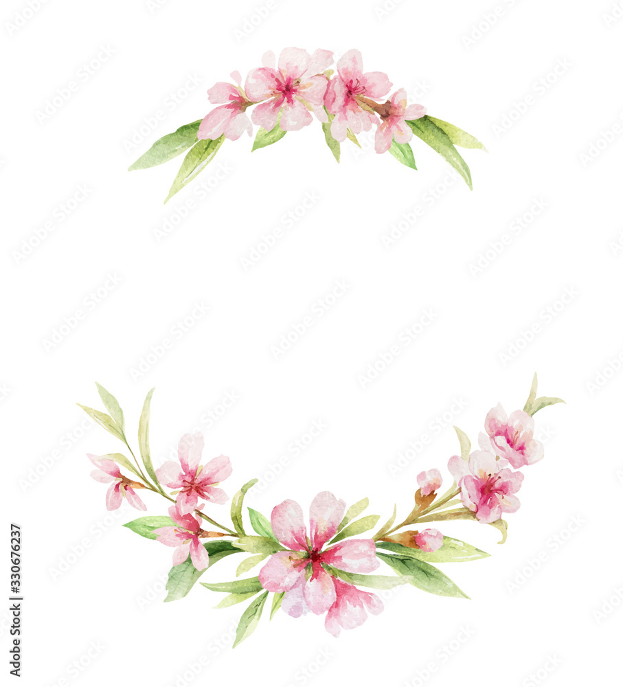 粉色花朵和杏仁叶的水彩矢量花环。