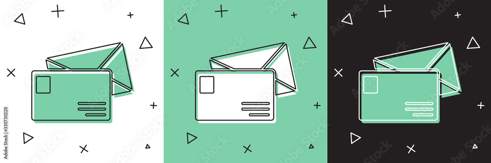 将信封图标隔离在白色和绿色、黑色背景上。电子邮件字母符号。矢量