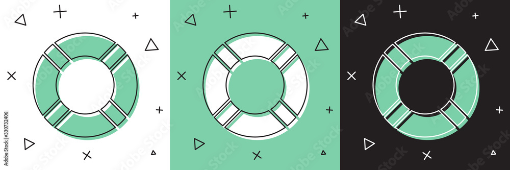 将救生圈图标隔离在白色和绿色，黑色背景上。救生浮式救生圈用于b