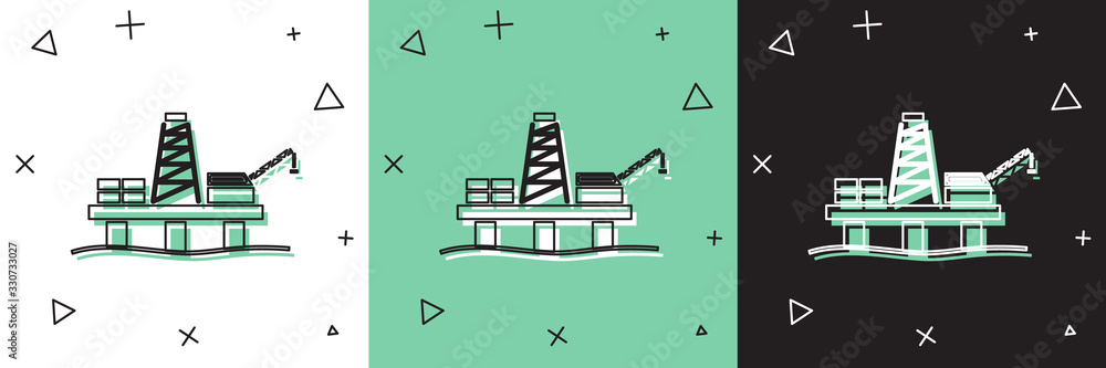 Set Oil platform in the sea icon isolated on white and green, black background. Drilling rig at sea.