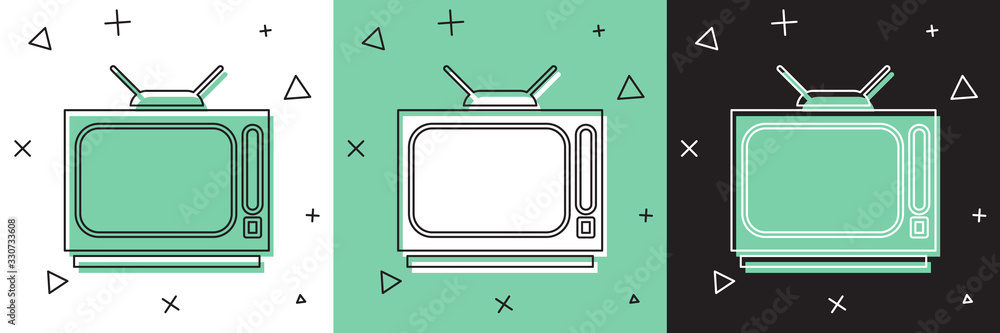 Set Retro tv icon isolated on white and green, black background. Television sign. Vector Illustratio