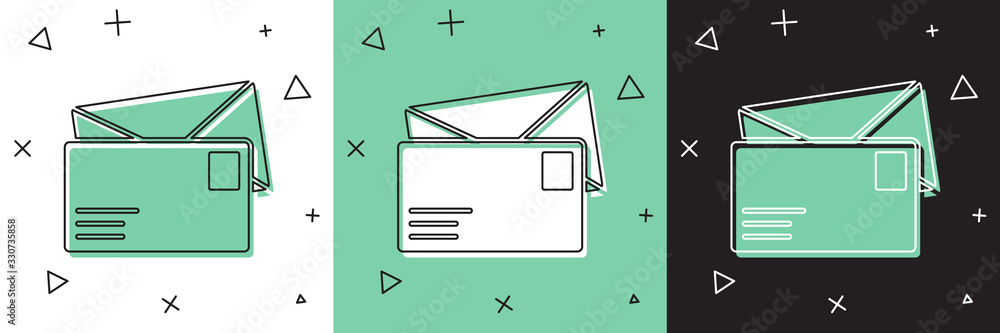 将信封图标隔离在白色和绿色黑色背景上。电子邮件字母符号。矢量