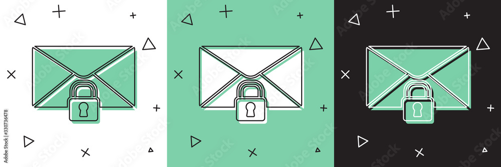 设置邮件邮件锁定密码图标，隔离在白色和绿色，黑色背景上。带衬垫的信封
