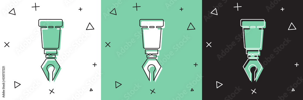 将Fountain笔尖图标隔离在白色和绿色，黑色背景上。笔工具符号。矢量照明