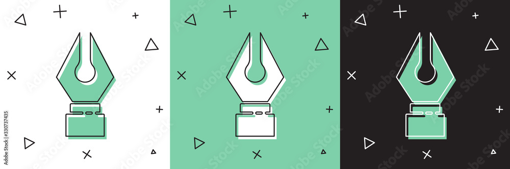 将Fountain笔尖图标隔离在白色和绿色黑色背景上。笔工具符号。矢量照明