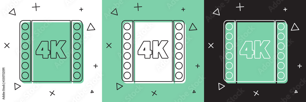 将4k电影、磁带、帧图标隔离在白色和绿色、黑色背景上。矢量插图