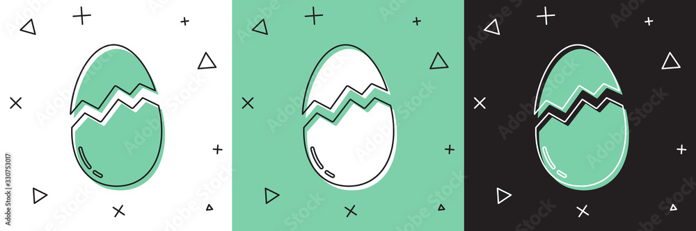 将碎鸡蛋图标隔离在白、绿、黑背景上。复活节快乐。矢量插图
