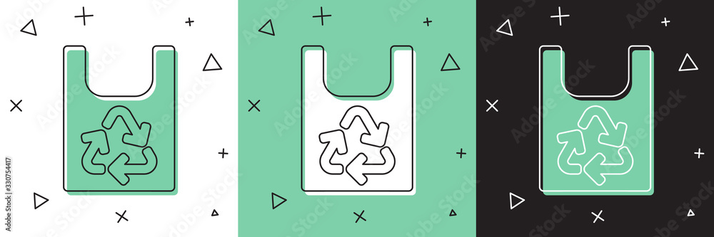 设置塑料袋，回收图标隔离在白色和绿色，黑色背景上。带回收功能的袋子