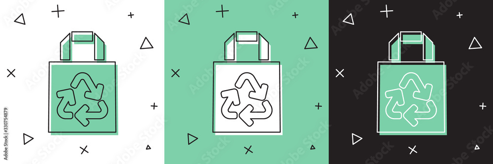 设置纸质购物袋，回收图标隔离在白色和绿色，黑色背景上。带回收的袋子