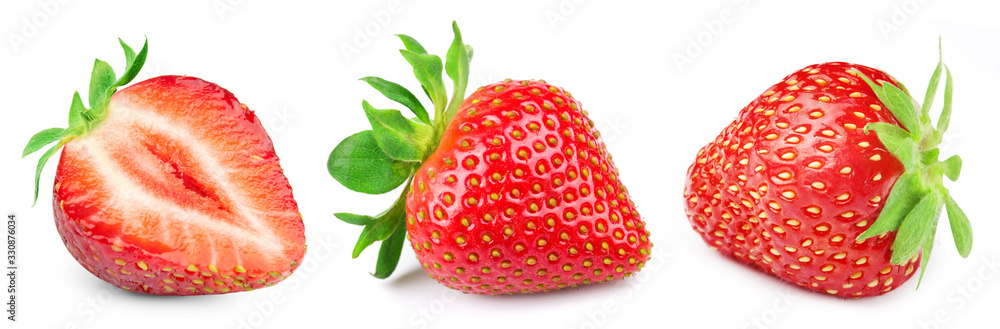 白色背景下的草莓。草莓修剪路径。草莓浆果系列。完整