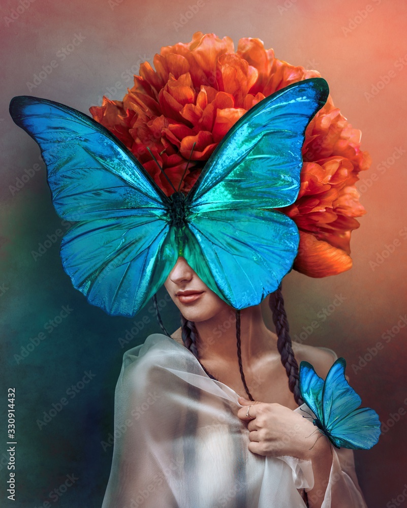 Surreal portrait of a woman with butterflies and peony flower. Interior photo art in art deco style.