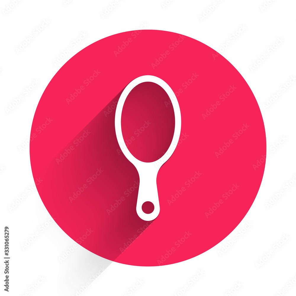 白色手镜图标与长阴影隔离。红色圆圈按钮。矢量插图