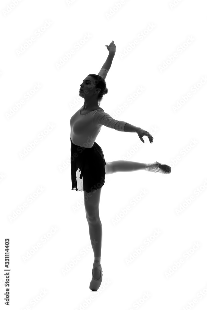 美丽的年轻芭蕾舞演员白底剪影