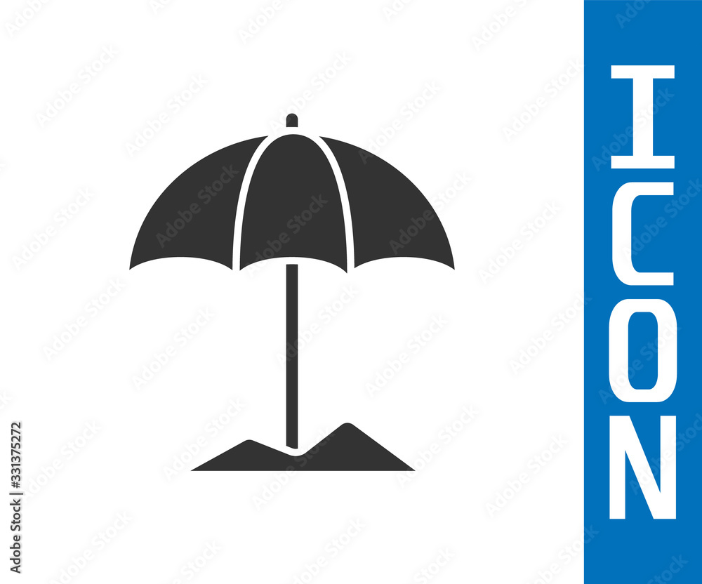 灰色遮阳伞，用于白色背景下隔离的海滩图标。户外大型遮阳伞