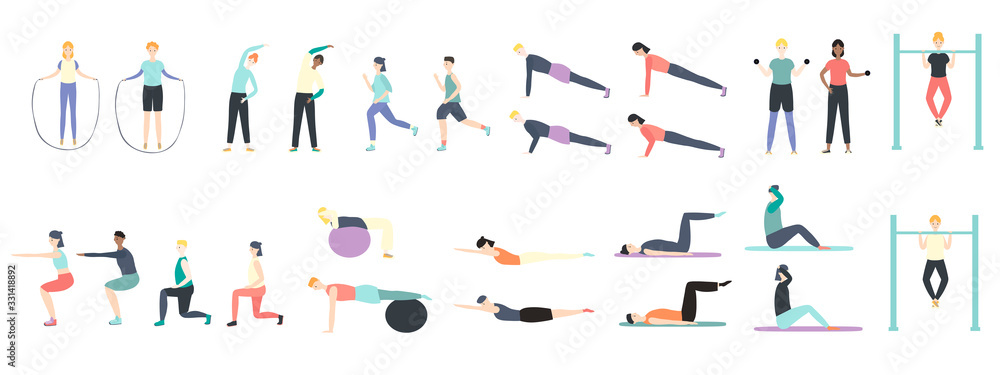 矢量运动中进行健康健身运动的人在whit上隔离的健康插图