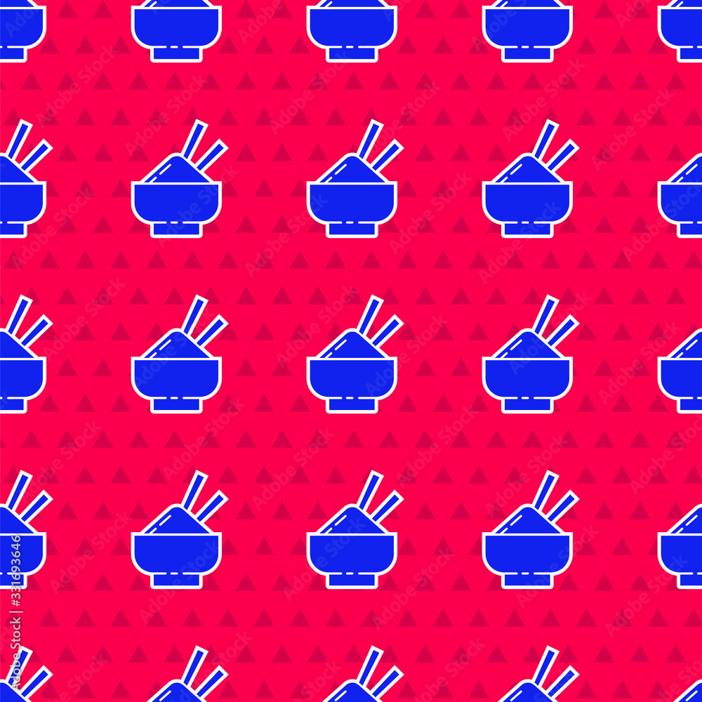 Blue Rice in a bowl with chopstick icon isolated seamless pattern on red background. Traditional Asi