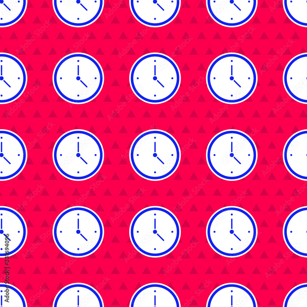 Blue Fast time delivery icon isolated seamless pattern on red background. Timely service, stopwatch 