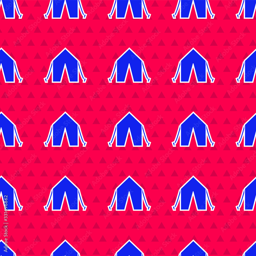 Blue Tourist tent icon isolated seamless pattern on red background. Camping symbol. Vector Illustrat