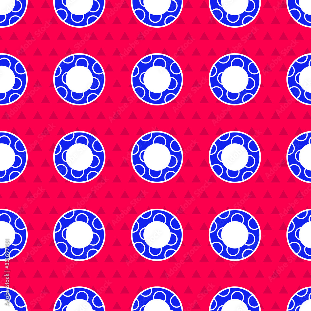 Blue Rubber swimming ring icon isolated seamless pattern on red background. Life saving floating lif