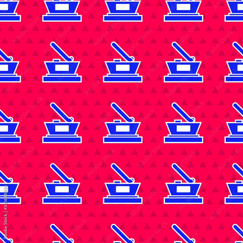 Blue Ice hockey cup champion icon isolated seamless pattern on red background. Hockey trophy. Vector