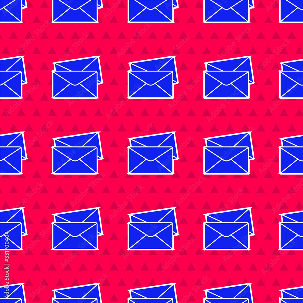 红色背景上的蓝色信封图标隔离无缝图案。电子邮件字母符号。矢量