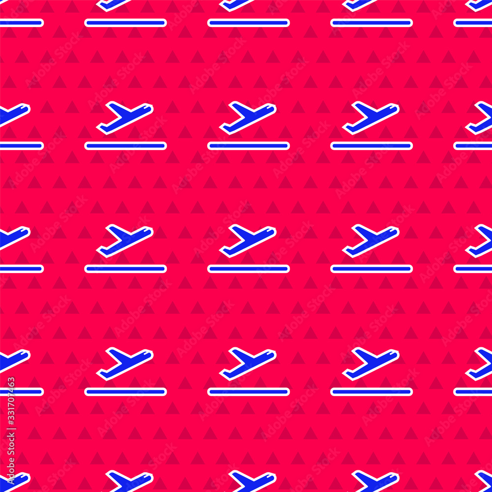 Blue Plane takeoff icon isolated seamless pattern on red background. Airplane transport symbol. Vect