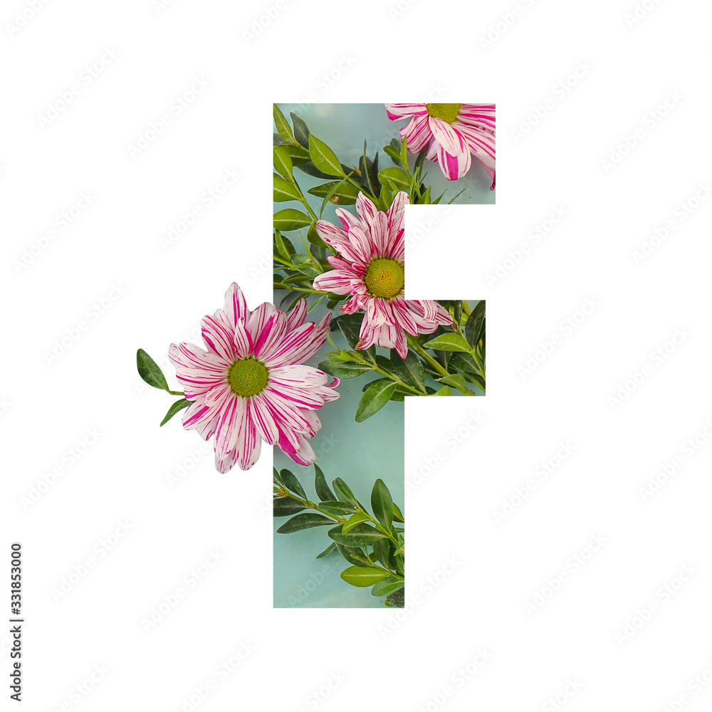 Letter F with beautiful flowers on white background
