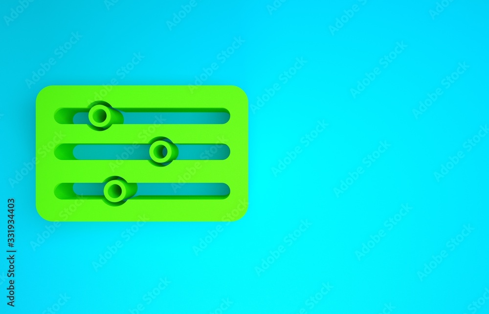 绿色混音器控制器图标隔离在蓝色背景上。Dj设备滑块按钮。混音c
