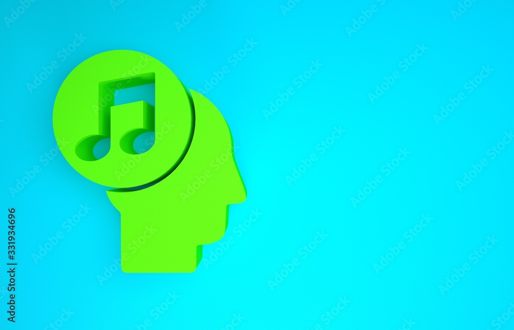 Green Musical note in human head icon isolated on blue background. Minimalism concept. 3d illustrati