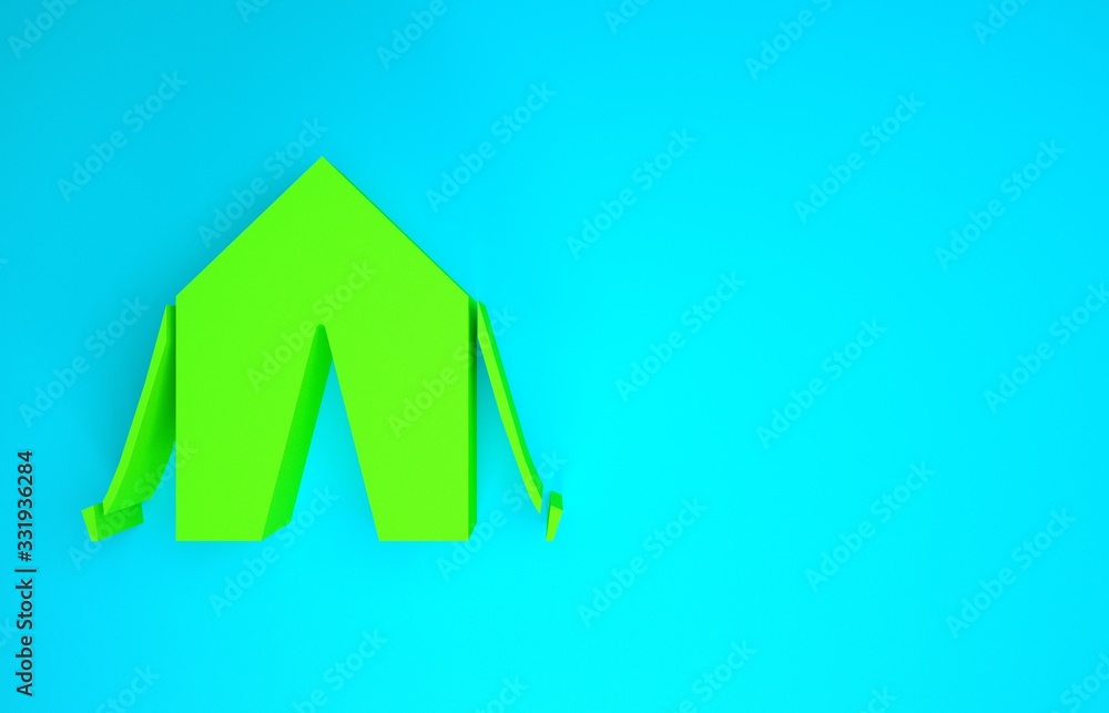 蓝色背景上的绿色旅游帐篷图标。露营符号。极简主义概念。3d插图