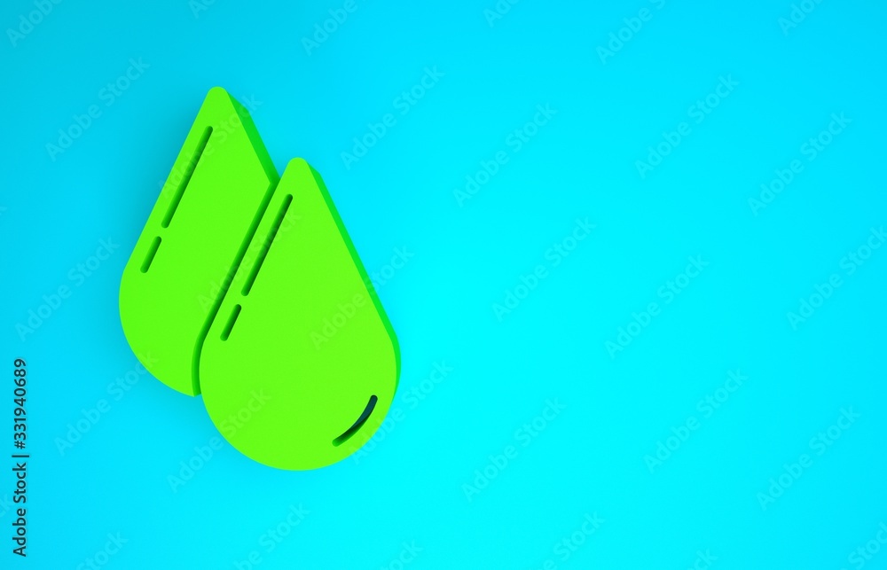 蓝色背景上隔离的绿色水滴图标。极简主义概念。3d插图3d渲染