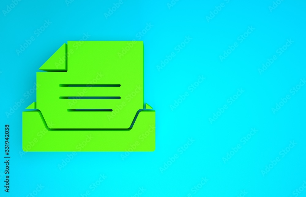 Green Drawer with document icon isolated on blue background. Archive papers drawer. File Cabinet Dra