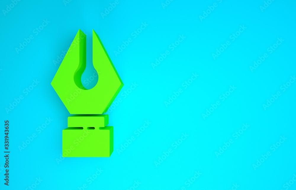 Green Fountain pen nib icon isolated on blue background. Pen tool sign. Minimalism concept. 3d illus