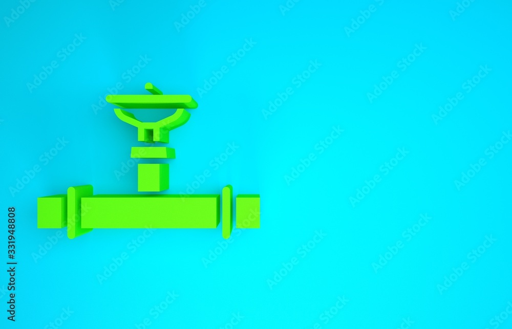 Green Industry metallic pipe and valve icon isolated on blue background. Minimalism concept. 3d illu